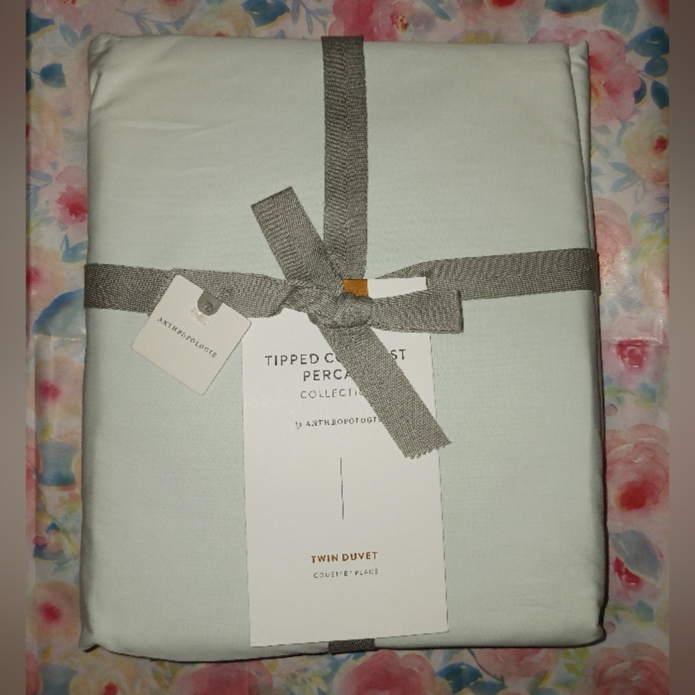 Anthropologie Tipped Contrast Percale Duvet Cover - Green 100% Cotton